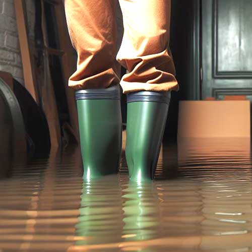 Worker in knee high boots walking in water damaged home