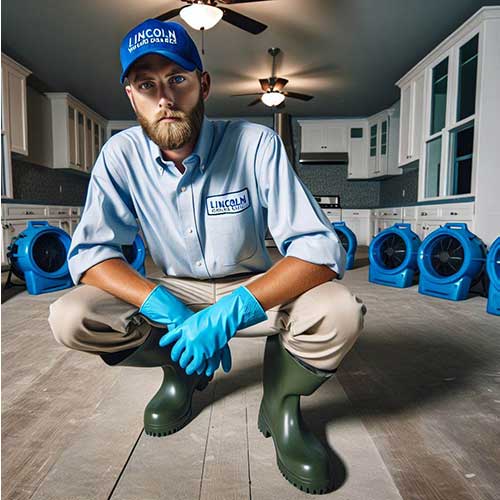 Worker in a water damaged kitchen with fans